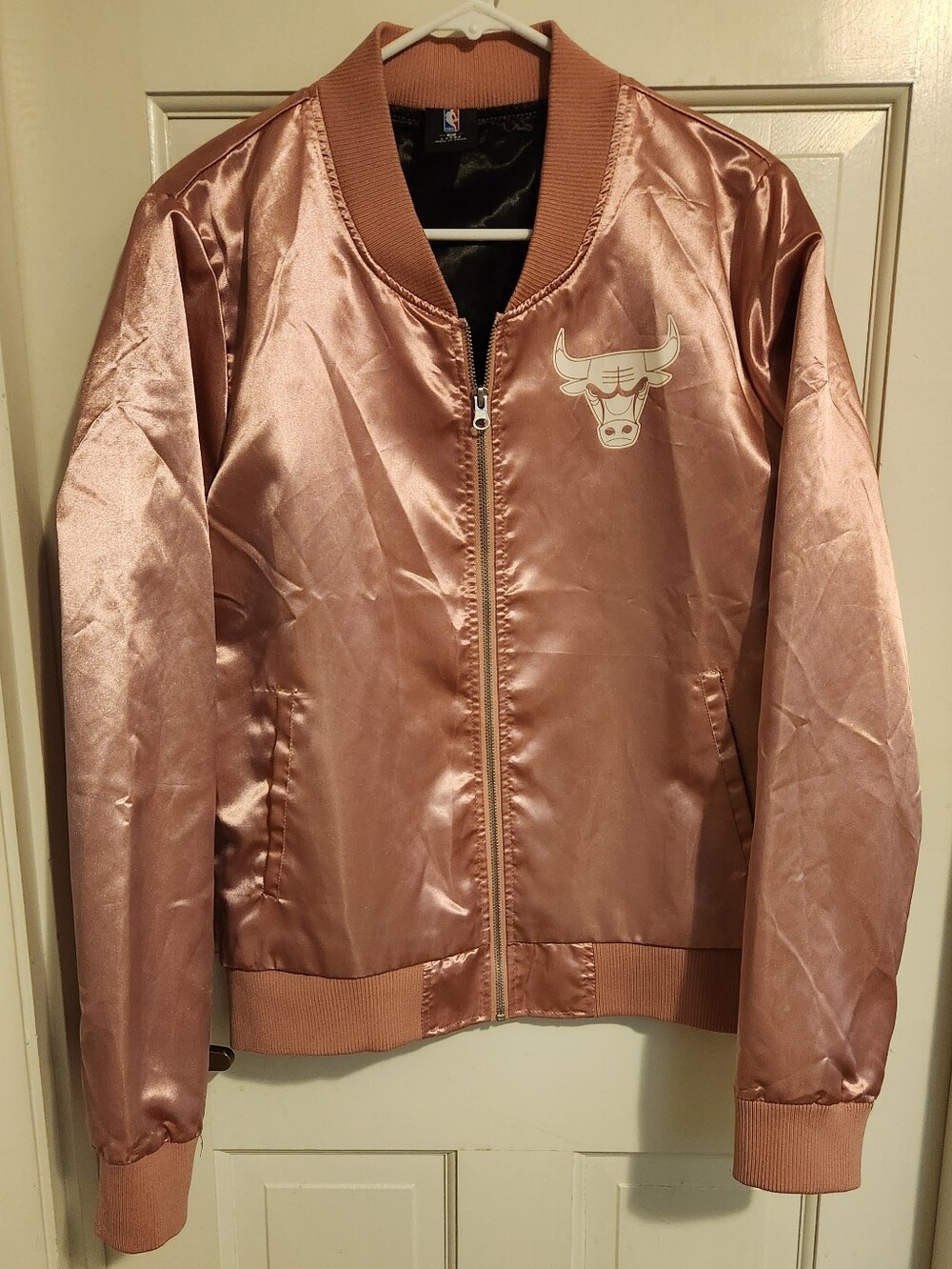 NBA Chicago Bulls Satin Bomber Jacket in Rose,  Size L
